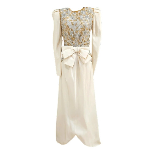 VINTAGE ESTEVEZ SEQUINE Maxi Gown Formal Dress, Cream Gold Silver, Women's Small - Picture 2 of 10